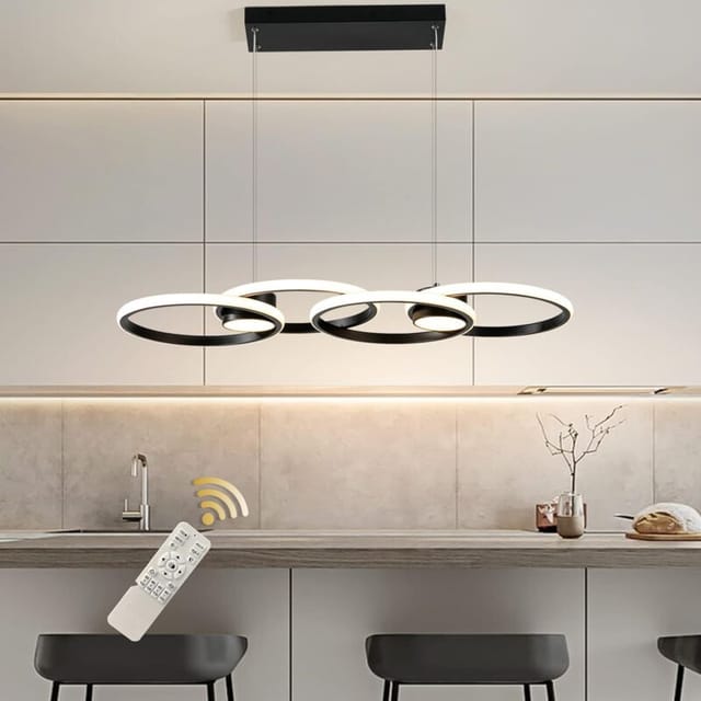 Ganeed - Moderne Led Pendelleuchte 4 Ringe Dimmbar Led Kronleuchter Leuchte Mit Fernbedienung Verstellbarer Hängeleuchter Für Esszimmer Wohnzimmer Küche Bar (50w Schwarz)