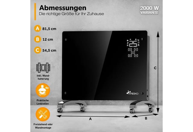 Tresko® Elektroheizung Schwarz 2000w Inkl. Wifi & App Glaskonvektor Konvektor Wand Heizung Glas Heizkörper Bad