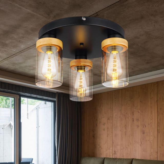 Deckenlampe Wohnzimmerleuchte Deckenleuchte Esszimmerlampe Flurleuchte, Metall Glas Holz Rauchfarben Schwarz, 3 Flammig, E27, H 21 Cm