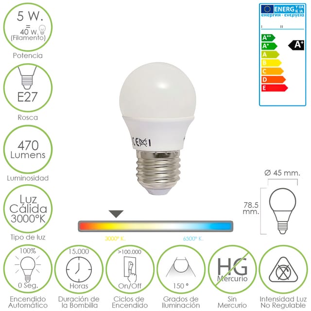 Maurer - Glühbirne Led Spherical E27 5 W. -40 W. 470 Lumen. Warmes Licht (3.000 °k), White