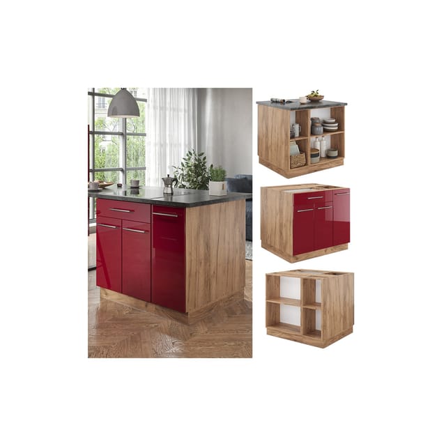 Vicco - Kücheninsel Fame-line, Bordeaux Hochglanz/goldkraft Eiche, 90 Cm Mit Schublade, Ohne Arbeitsplatte