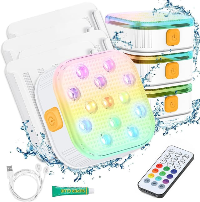 Pack Mit 4 Wiederaufladbaren Unterwasser-poollichtern Mit Fernbedienung, Wasserdicht, Unterwasserladung, 16 Farbwechselnde Leds Mit Magneten, Schwimmende Lichter, Pooldekoration