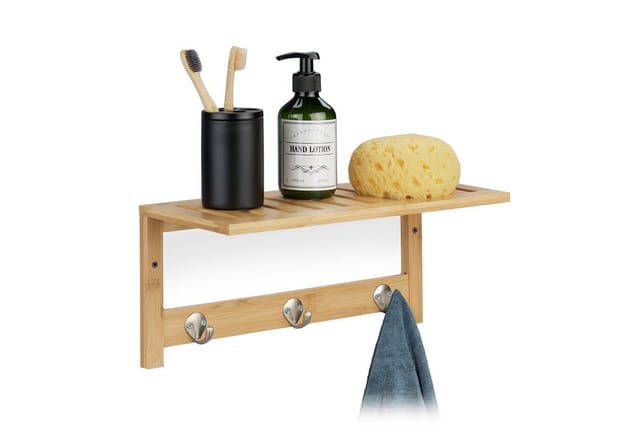 Relaxdays - Wandregal Mit Hakenleiste, Bambus, Hbt: 18 X 37,5 X 16 Cm, Handtuchhalter Bad, Garderobe Flur, 3 Haken, Natur