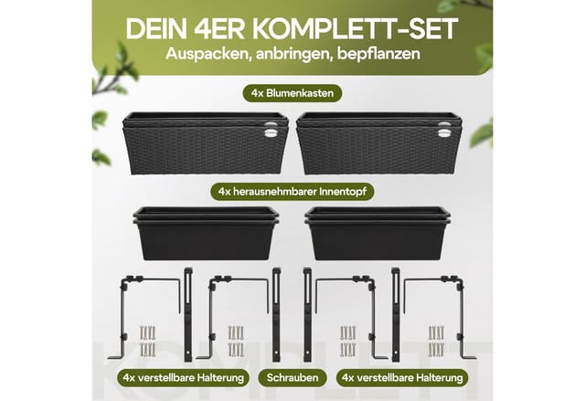 Blumenkasten 4er Set 11 Liter Montagehalterung Indoor Outdoor Geländerkasten Balkonkasten Pflanzkasten Farbwahl Schwarz - Casaria