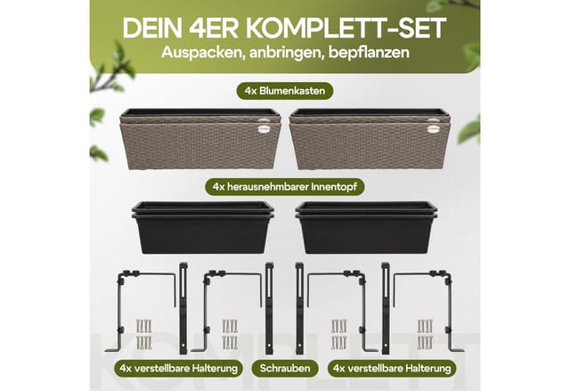 Blumenkasten 4er Set 11 Liter Montagehalterung Indoor Outdoor Geländerkasten Balkonkasten Pflanzkasten Farbwahl Creme - Casaria