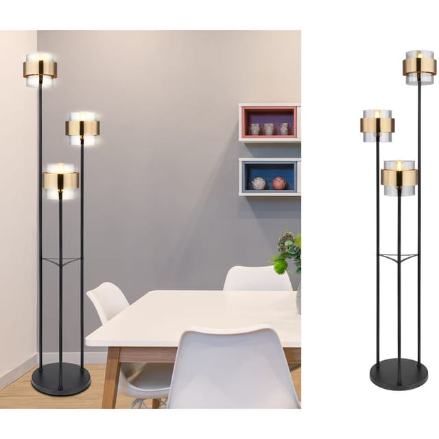 Led Stehleuchte 3-flammig Mit Rauchglas Und Messingringen, Ø43cm