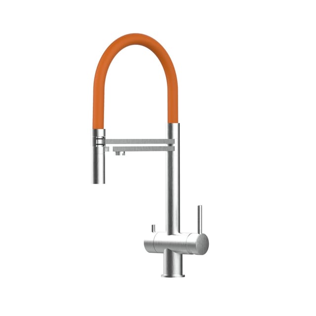 Niederdruck 3 Wege Edelstahl Massiv Küchenarmatur Spültischmischer, Mit 360° Schwenkbarem Orange Auslauf Und 2 Strahl Handbrause - Hochglanz
