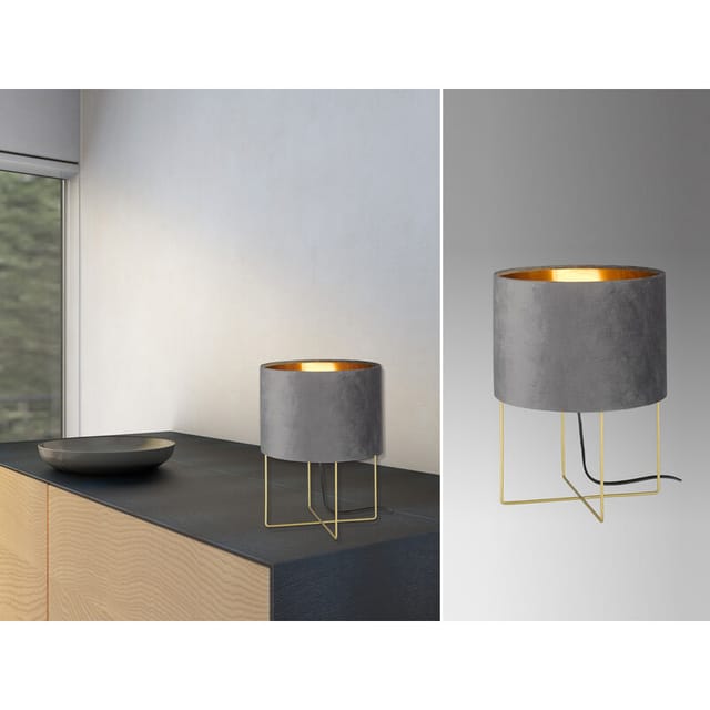 Meinewunschleuchte - Led Tischlampe Mit Lampenschirm Samt Grau - Innen Gold, Höhe 32cm