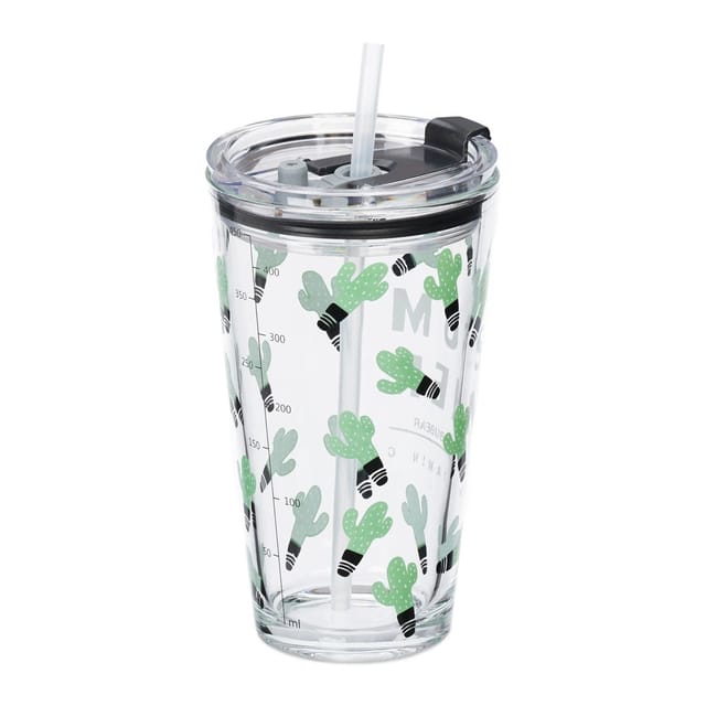 Trinkgläser 4er Set, Kaktus-motiv, Deckel & Strohhalm, 450 Ml Skala, Glasbecher Kinder, Saftglas, Transparent - Relaxdays