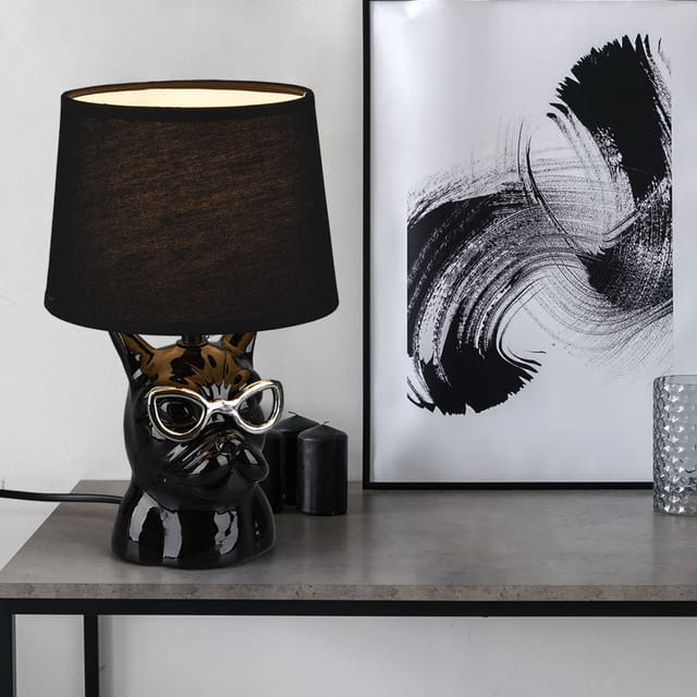 Tischleuchte Nachttischlampe Esszimmerlampe Keramik Tischlampe Textil Für Schlafzimmer, Hund Mit Brille Chrom Schwarz, Textil, 1x E14 Fassung, Dxh 18x29 Cm