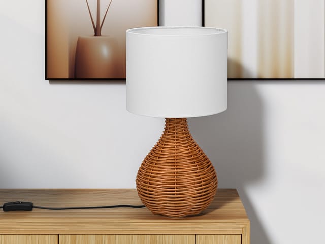 Meinewunschleuchte - Led Tischleuchte Mit Rattangeflecht Und Stoffschirm Weiß, Höhe 40cm