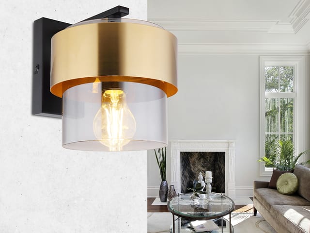 Meinewunschleuchte - Led Wandleuchte Mit Rauchglas Lampenschirm Messingring, Höhe 21,5cm