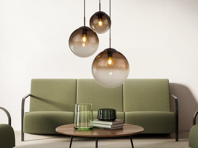 Meinewunschleuchte - Led Pendelleuchte 3-flammig Mit Glaskugeln Aus Amberglas, Ø 51cm