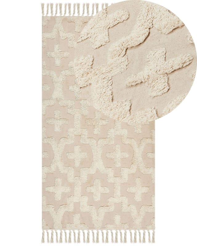 Beliani - Teppich Hellbeige Baumwolle Rechteckig 80 X 150 Cm Geometrisches Muster Fransen Handgetuftet Boho Kurzhaar Fußbodenheizung Geeignet Läufer