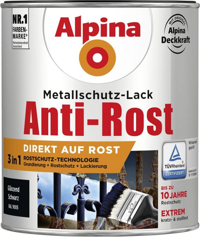 Metallschutz-lack Anti-rost 750 Ml Schwarz Glänzend Metallack Schutzlack - Alpina