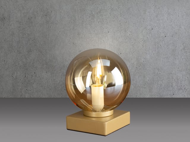 Meinewunschleuchte - Kleine Led Tischleuchte Messing Sockel - Glaskugel Amber, Höhe 17,5cm