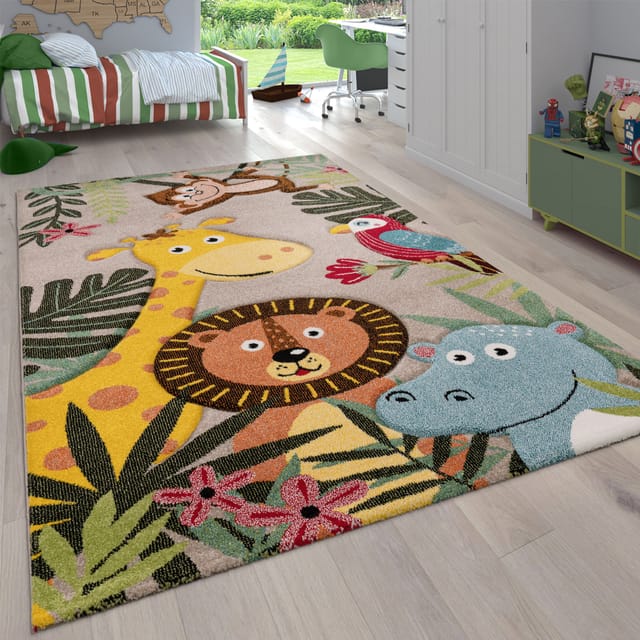 Paco Home - Kinderzimmer Kinderteppich Für Jungen Mit Tier U. Dschungel Motiven Kurzflor Beige, 133 Cm Quadrat