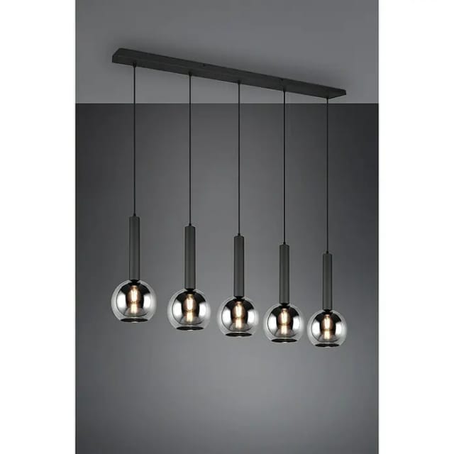 Pendelleuchte Clayton Industrial 5 Flammig Mit Rauchglas Kugeln, Breite 115cm