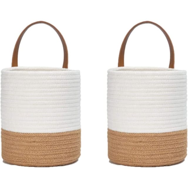 2 Aus Baumwollseil Gewebte Pflanzenkörbe, Hängendes Gewebtes Wandkorb-set, Baumwollseilkorb, Für Blumentopf, Baumwollständer, Heimdekoration, Weiß + Jute