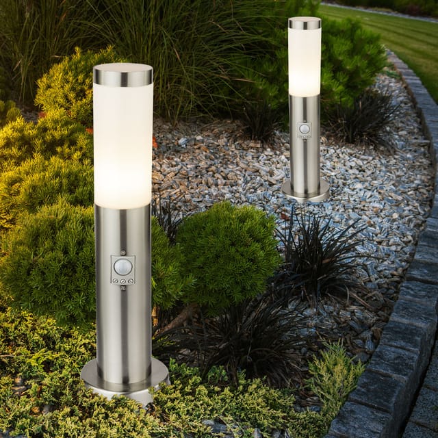 Etc-shop - Sockelleuchte E27 Stehlampe Garten Außenleuchte Bewegungsmelder, Wetterfest Ip44, Sensor, Edelstahl Silber Opal, 1x E27 Fassung, Dxh 7,6x45cm, 2er Set