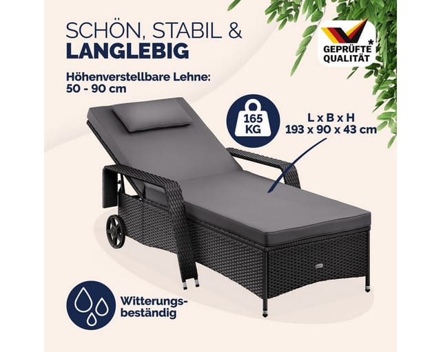 Casaria® Sonnenliege Mit Rollen 7cm Auflage Extra Breit 90cm Gartenliege Wetterfest 165kg Belastbar Verstellbar Terrasse Balkonmöbel Liegestuhl Schwarz Anthrazit