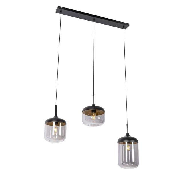 Design-hängelampe Schwarz Mit Gold Und Rauchglas 3-flammig - Kyan
