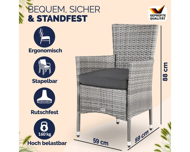 Casaria® Gartenstühle 4er Set Polyrattan Stapelbar Mit Auflagen 160kg Belastbarkeit Wetterfest Outdoor Garten Terrasse Balkon Stapelstuhl Stuhl Sessel Grau