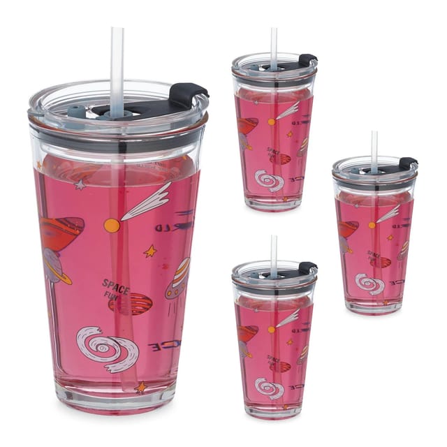 Kindergläser 4er Set, Weltraum-motiv, Trinkglas Für Kinder, Deckel & Strohhalm, Volumen 450 Ml, Transparent - Relaxdays