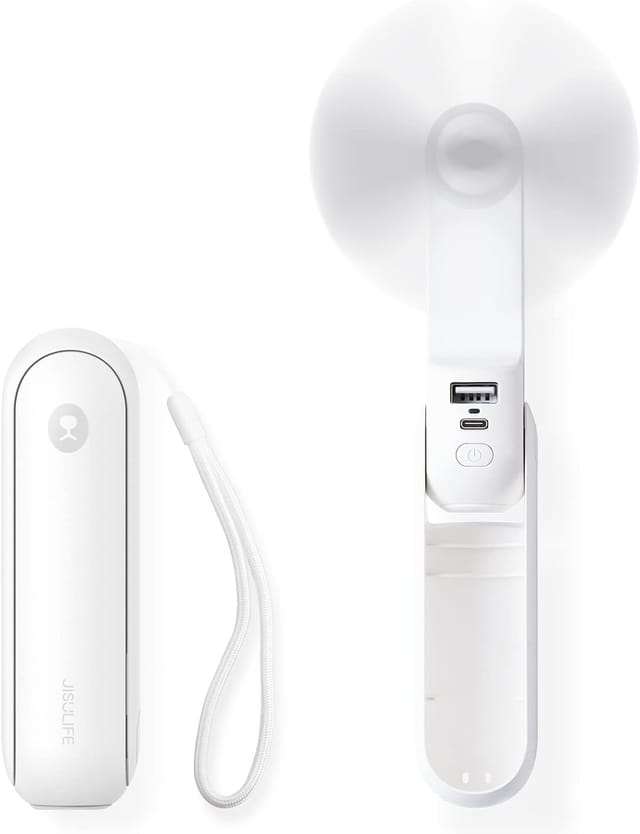 Ventilateur De Poche, Mini Ventilateur À Main Portable, À Piles Rechargeables Par Usb [14-21 Heures], Ventilateur Personnel Pliable Et Silencieux Avec Batterie Externe, Lampe De Poche - Blanc