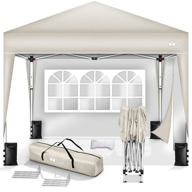 Tillvex Pavillon 3x3m Beige - Mit 2 Seitenteilen Wasserdicht Pop-up Faltpavillon Höhenverstellbar Gartenzelt Uv Schutz 50+ Partyzelt Mit Tasche Für Garten