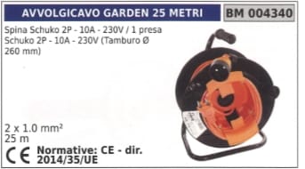 Kabeltrommel 25m Schuko-stecker 2 Pole 10a 230v / 1 Schuko-steckdose 2 Pole 10a 230v
