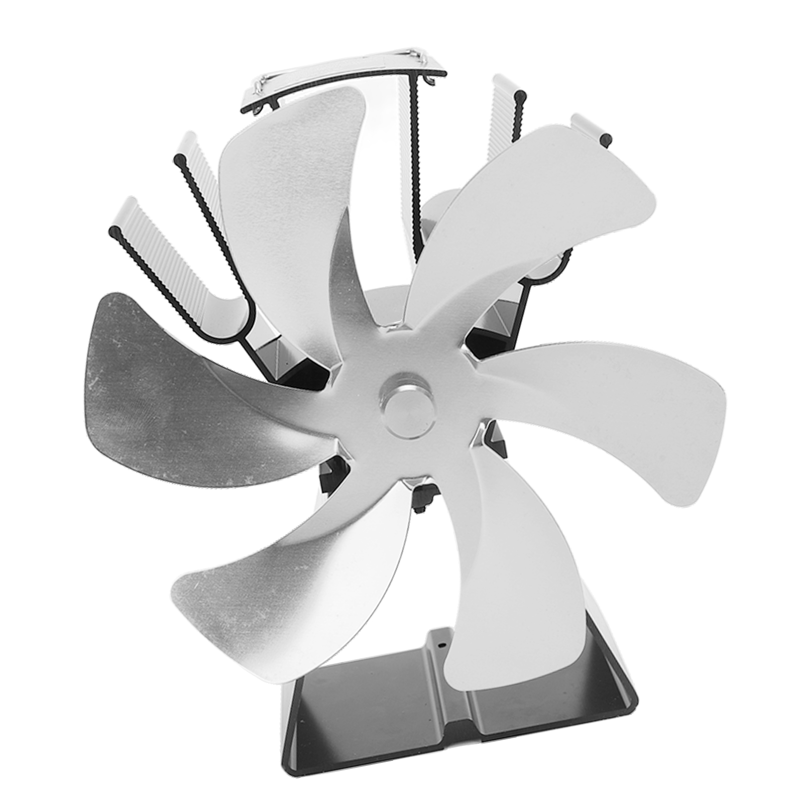 Ofenlüfter Aus Aluminiumlegierung Mit 6 Flügeln, Manuelle Steuerung, Für Kamine, Holzöfen, Pellets Und Holzscheite, Silberfarben, Kompakt, Freistehend.
