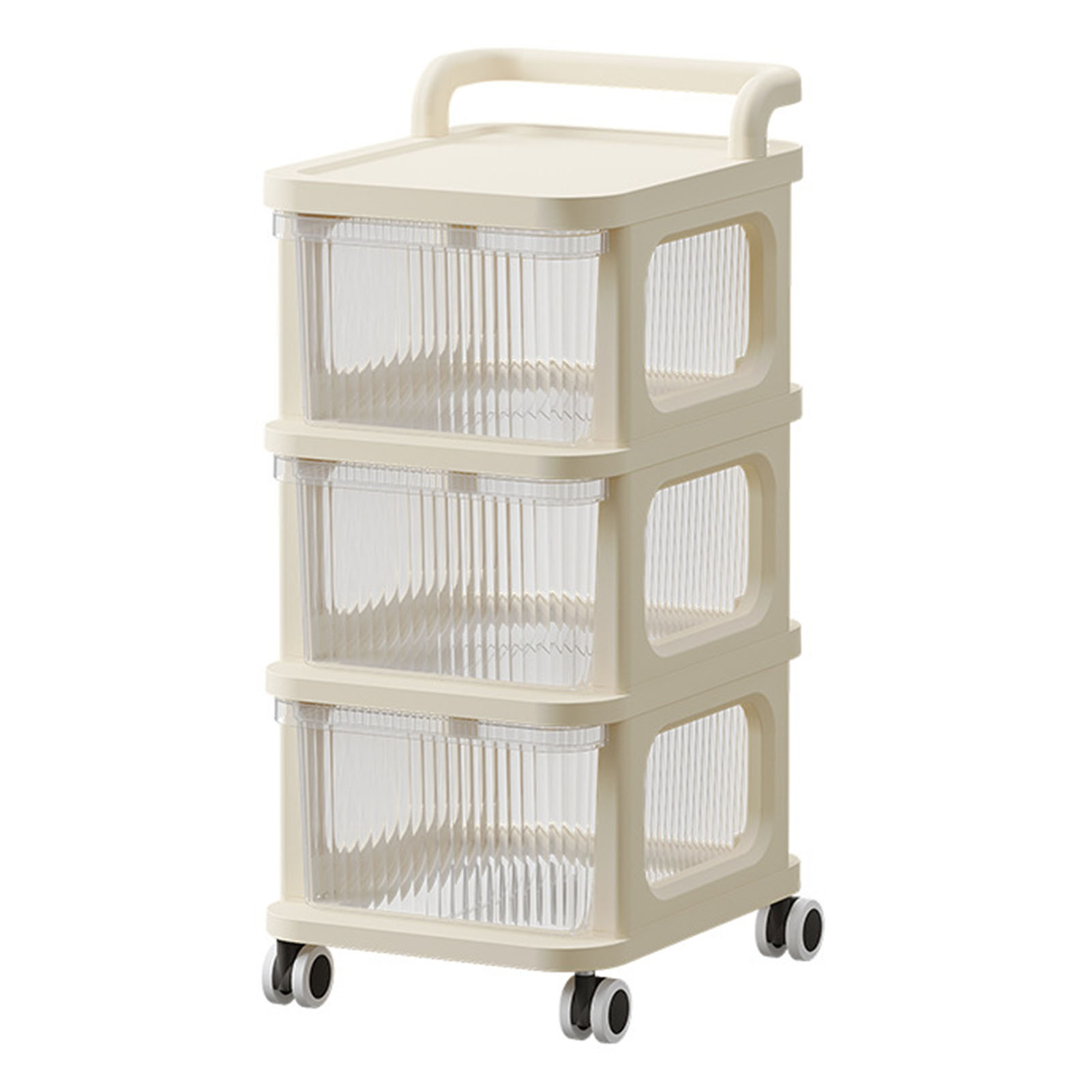 Schubladenwagen Mit Organizer-aufsatz, Transparenter Rollwagen Mit 4 Leichtgängigen Rollen Für Büro Und Zuhause, Beige, 3 Ablagen