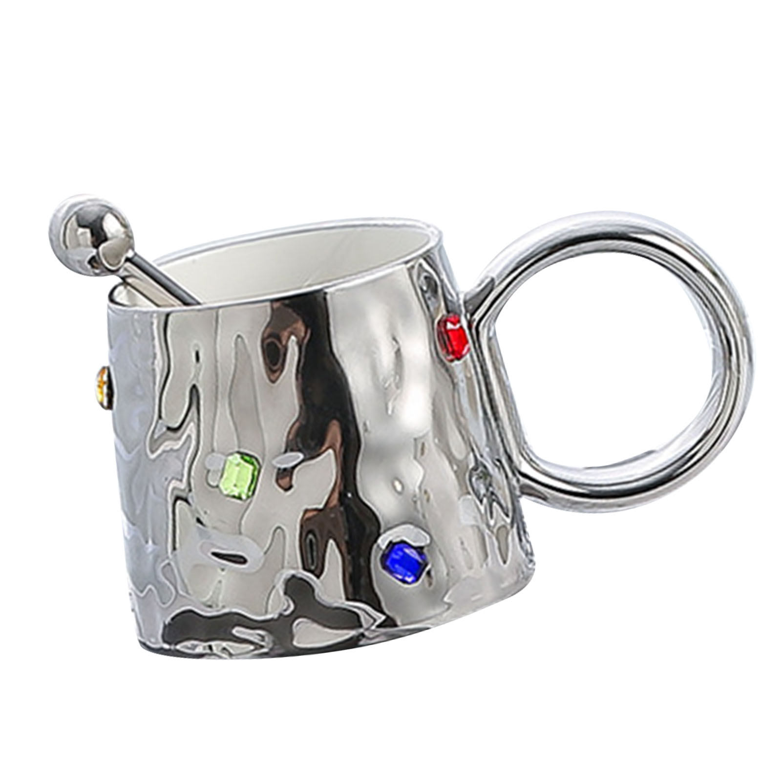 Keramik-kaffeebecher Mit Buntem Steindekor, Runde Teetasse Mit Henkel, Geschenkidee Für Zuhause Und Reisen, Silber