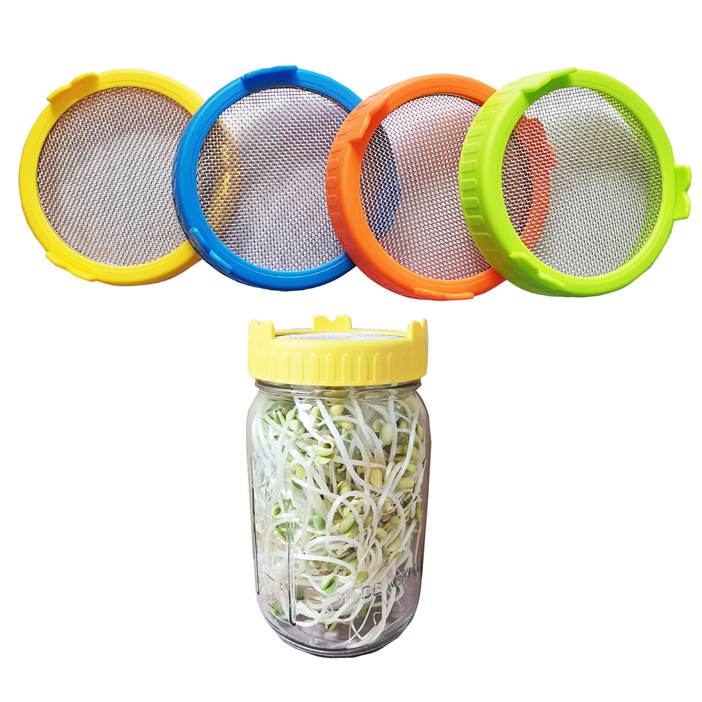 Set Mit 4 Kunststoff-keimdeckeln Mit Edelstahlgitter Für Weitöffnungsgläser (86 Mm) Und Ständer.