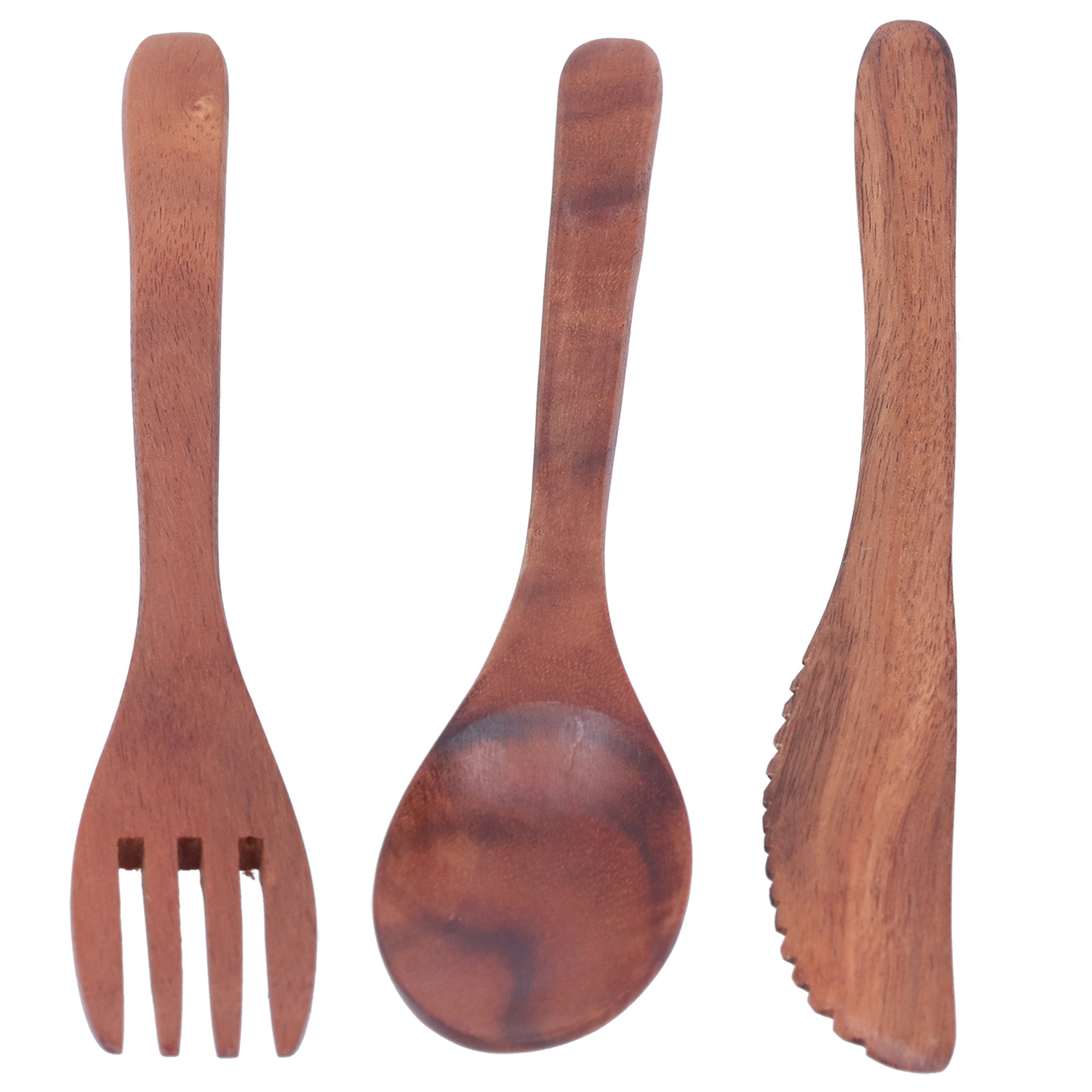 Set Aus 3 Tragbaren Holzbesteckteilen (gabel, Messer, Löffel) Und Küchengeschirr-zubehör