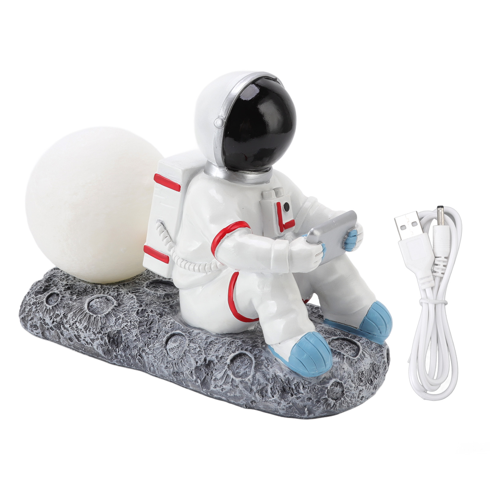 Dekorative Led-nachtleuchte Aus Kunstharz, Die Einen Astronauten Mit Dem Rücken Zum Mond Und Einen Anderen Astronauten Mit Blick Zum Mond Darstellt.
