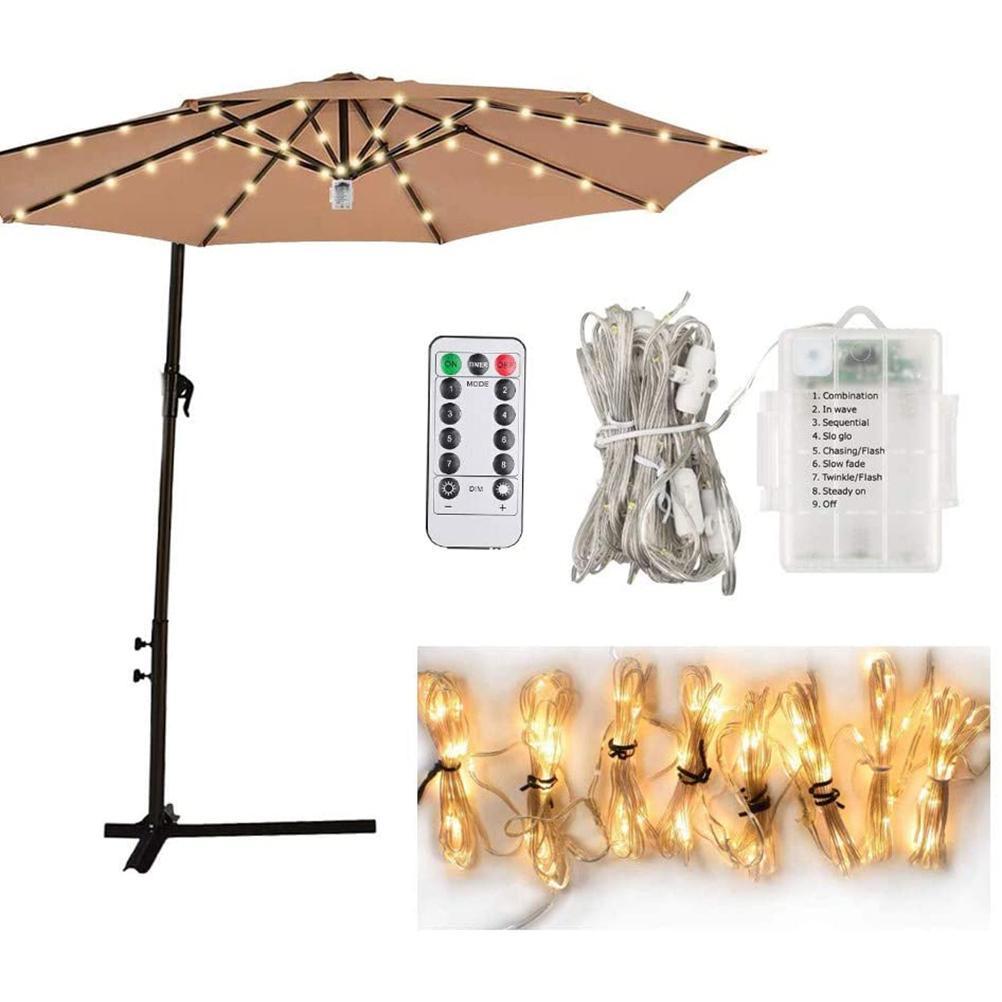 Led-lichterkette Für Sonnenschirme Im Garten Mit Fernbedienung Und 10 Kabelbindern Zur Mastbefestigung. Gartendekoration