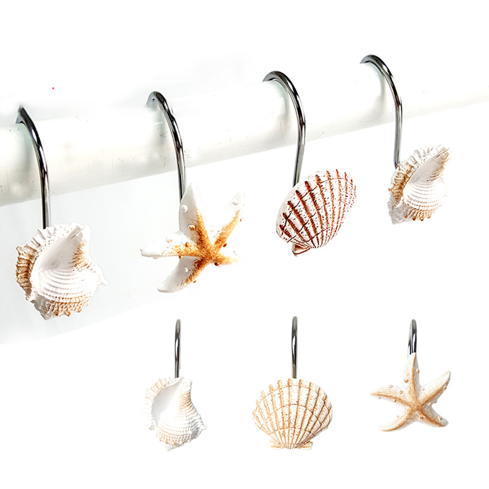 Set Mit 12 Dekorativen Duschvorhanghaken Aus Kunstharz In Form Von Seesternen Und Muscheln, Für Badezimmer Und Dusche.