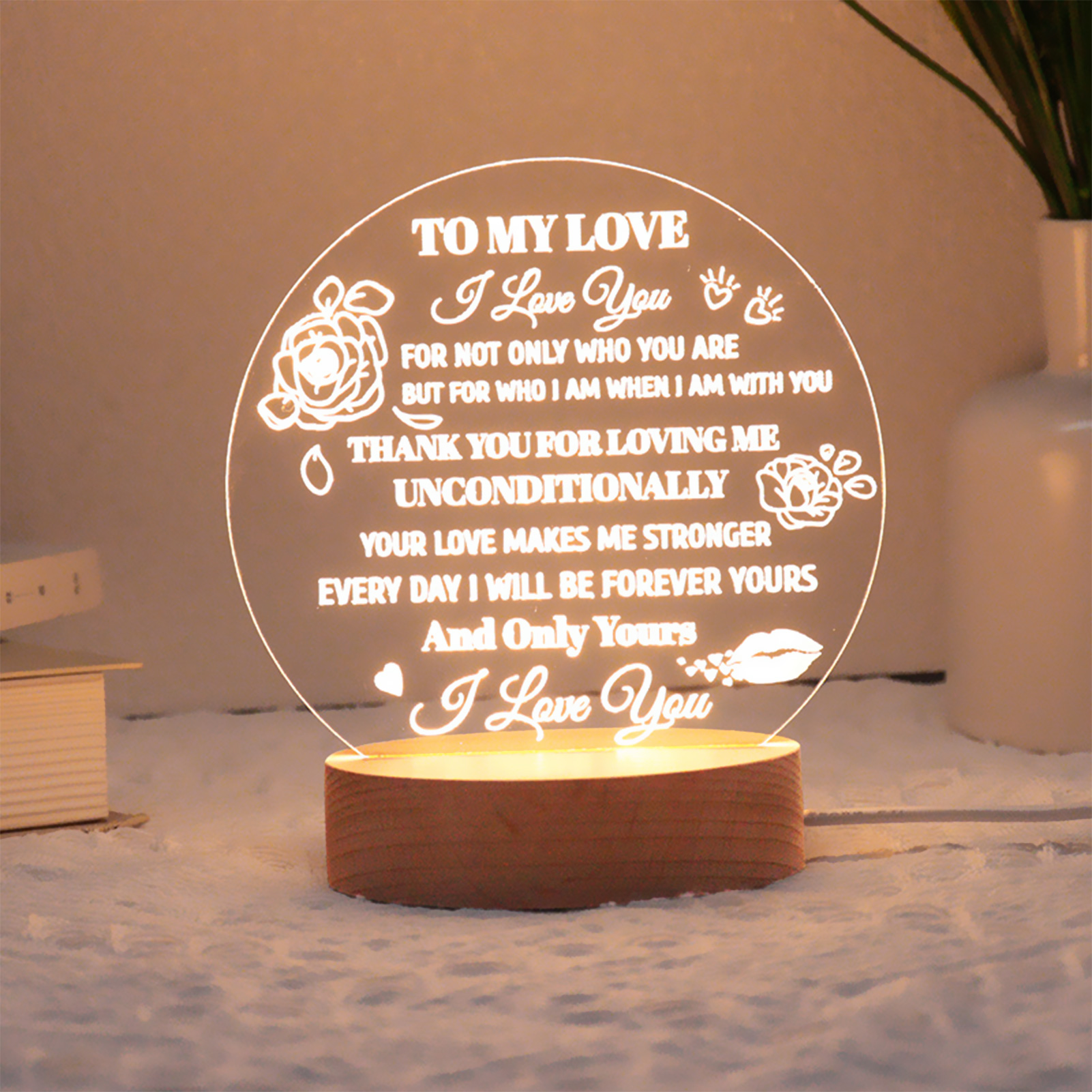 Dekoratives Nachtlicht Mit Acrylplatte Und Holzsockel, Warmes Licht, Ideal Für Schlafzimmer Oder Büro.