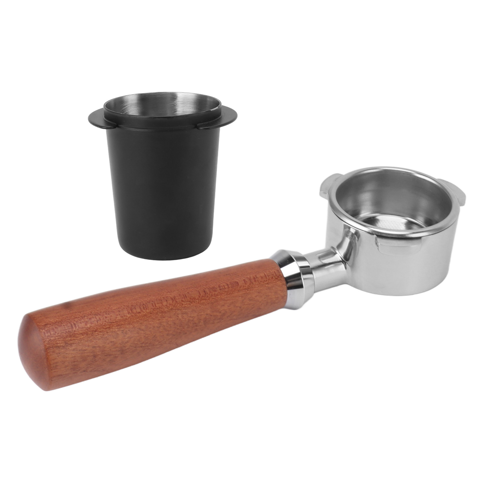 Bodenloser Edelstahl-siebträger Mit Kaffeesatzauffangbehälter, Holzgriff, 54 Mm / 2,1 Zoll, Schwarz