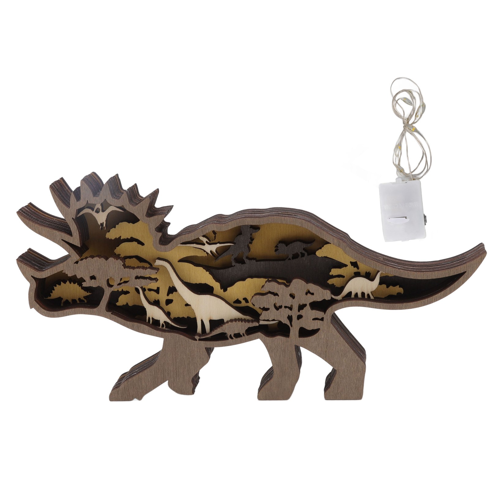 Holzlampe In Form Eines Aus Buchsbaum Geschnitzten Tieres, Ideal Für Partys Oder Büros. Dekorative Tierskulptur. Dinosaurierfigur Mit Gehörnten.