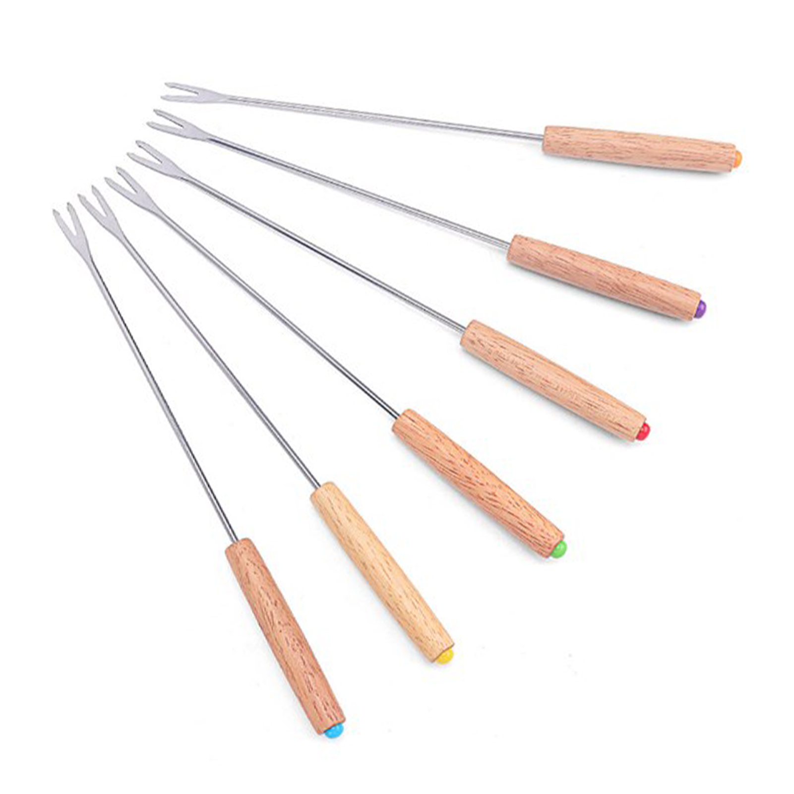 Set Aus 6 Multifunktionalen Fonduegabeln Aus Edelstahl Mit Holzgriff, Ideal Für Obst, Geschmolzenen Käse, Schokolade Und Schokoladenbrunnen.