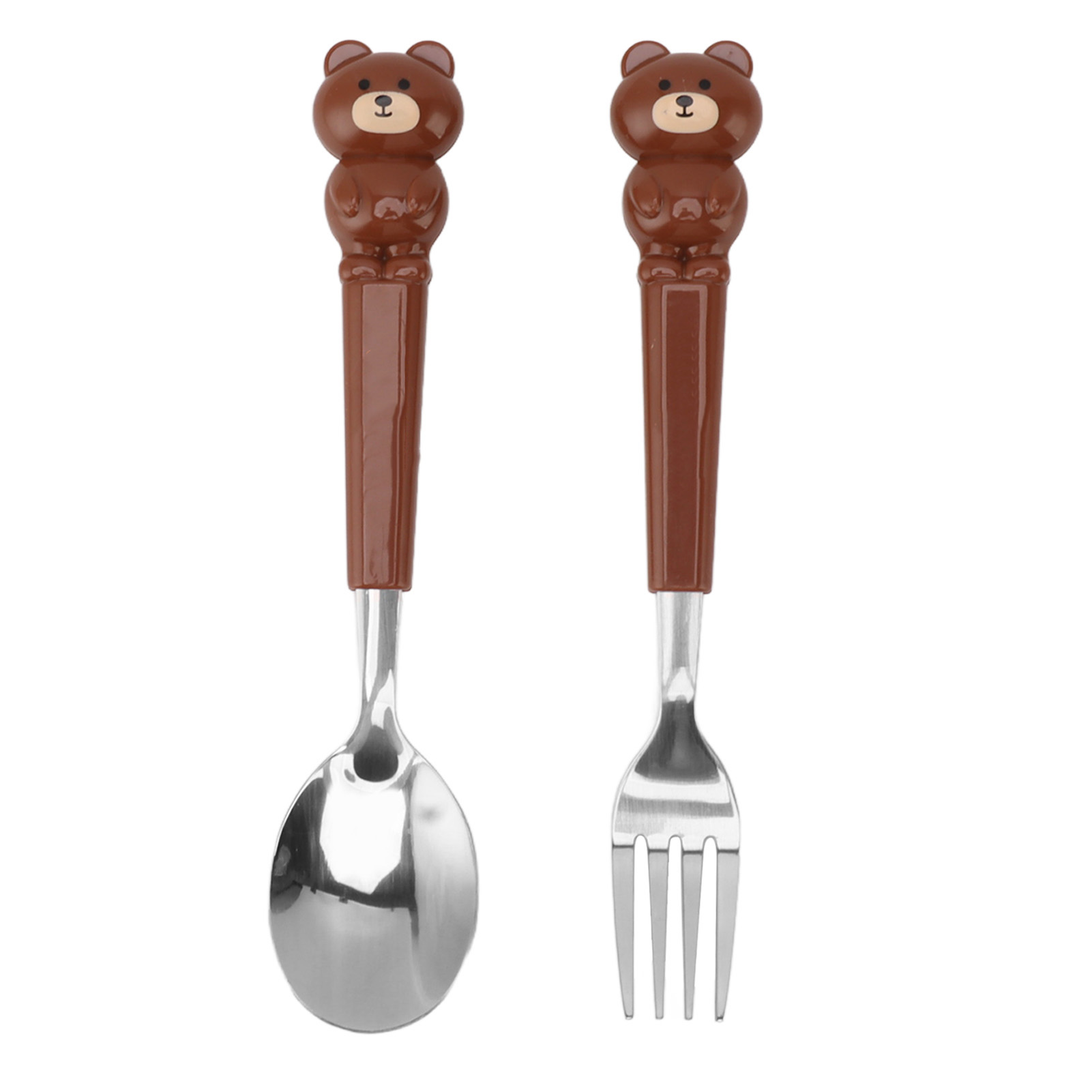 2-teiliges Kinderbesteck-set, Gabel Und Löffel Aus Edelstahl, Niedliches Braunes Bärenmotiv, Gebogen, Faltbar, Mit Cartoon-motiv