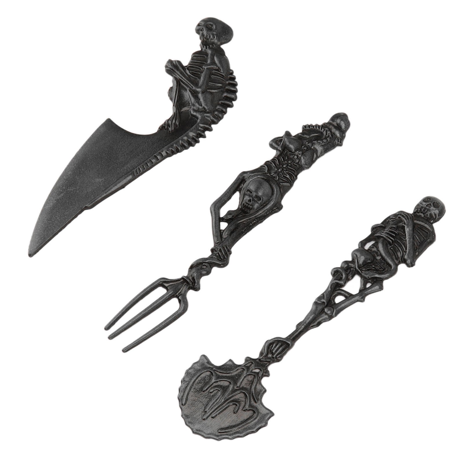 Halloween-skelett-besteckset Aus Zinklegierung, Gabel, Löffel Und Messer Mit Schwarzem Totenkopf-motiv, Kreatives Metall, Gruseliges Partygeschenk, 3-teilig