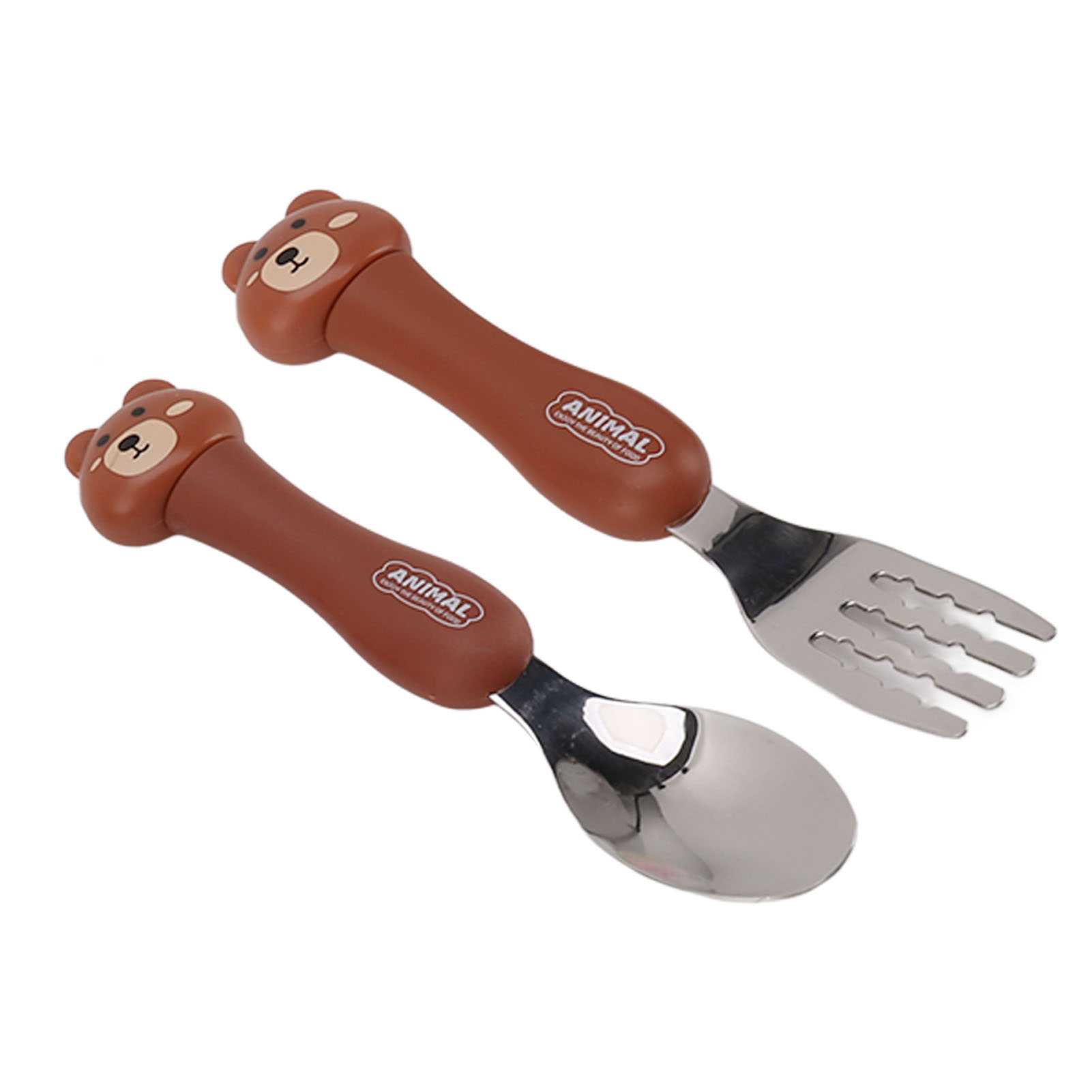 Babybesteck-set Aus Edelstahl Mit Braunem Bärenmotiv, Tragbares Lernbesteck Für Kinder, Niedliches Tiergeschirr, Edelstahl, Geeignet Für Die Kleinsten.