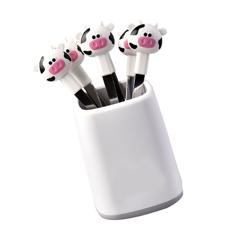 Set Mit 6 Obstgabeln Aus Edelstahl Für Kinder, Niedliche Dessertspieße Mit Kalbskopf-motiv, Ideal Für Bento-boxen, Lunchboxen, Partys, Weiß.