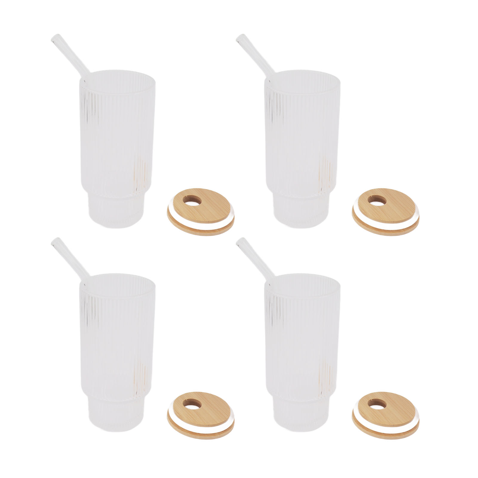 6er-set Retro-gläser (330 Ml) Mit Bambusdeckeln Und Strohhalmen, Ideal Für Milch, Kaffee, Cola, Bier, Cocktails, Smoothies, Vertikale Maserung, Vintage-stil
