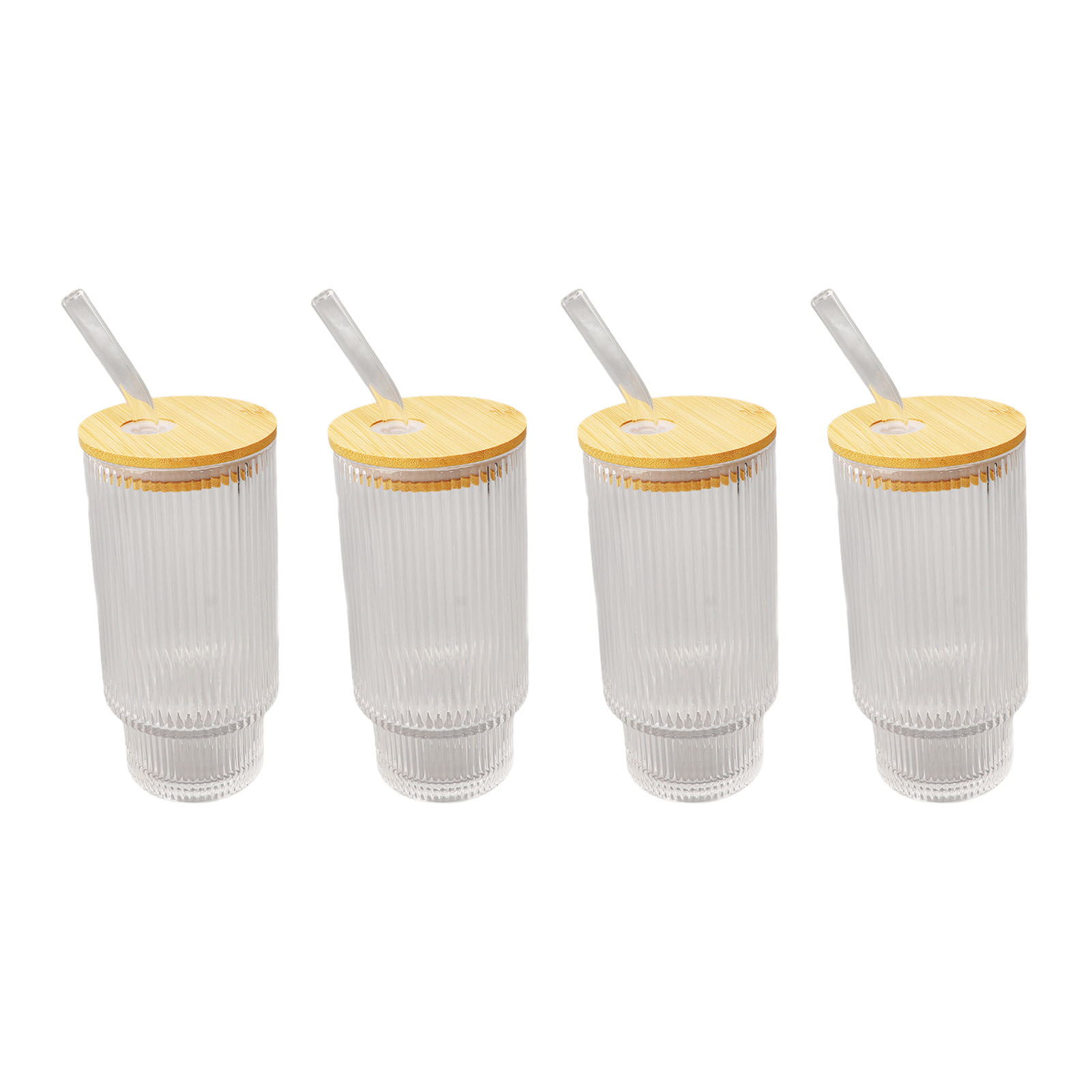 Set Aus 4 Vintage-gläsern, 473 Ml Hoch, Stapelbar, Vertikale Maserung, Mit 4 Strohhalmen Und 4 Bambusdeckeln, Für Eiskaffee, Saft Und Bier, Elegant Und Robust.