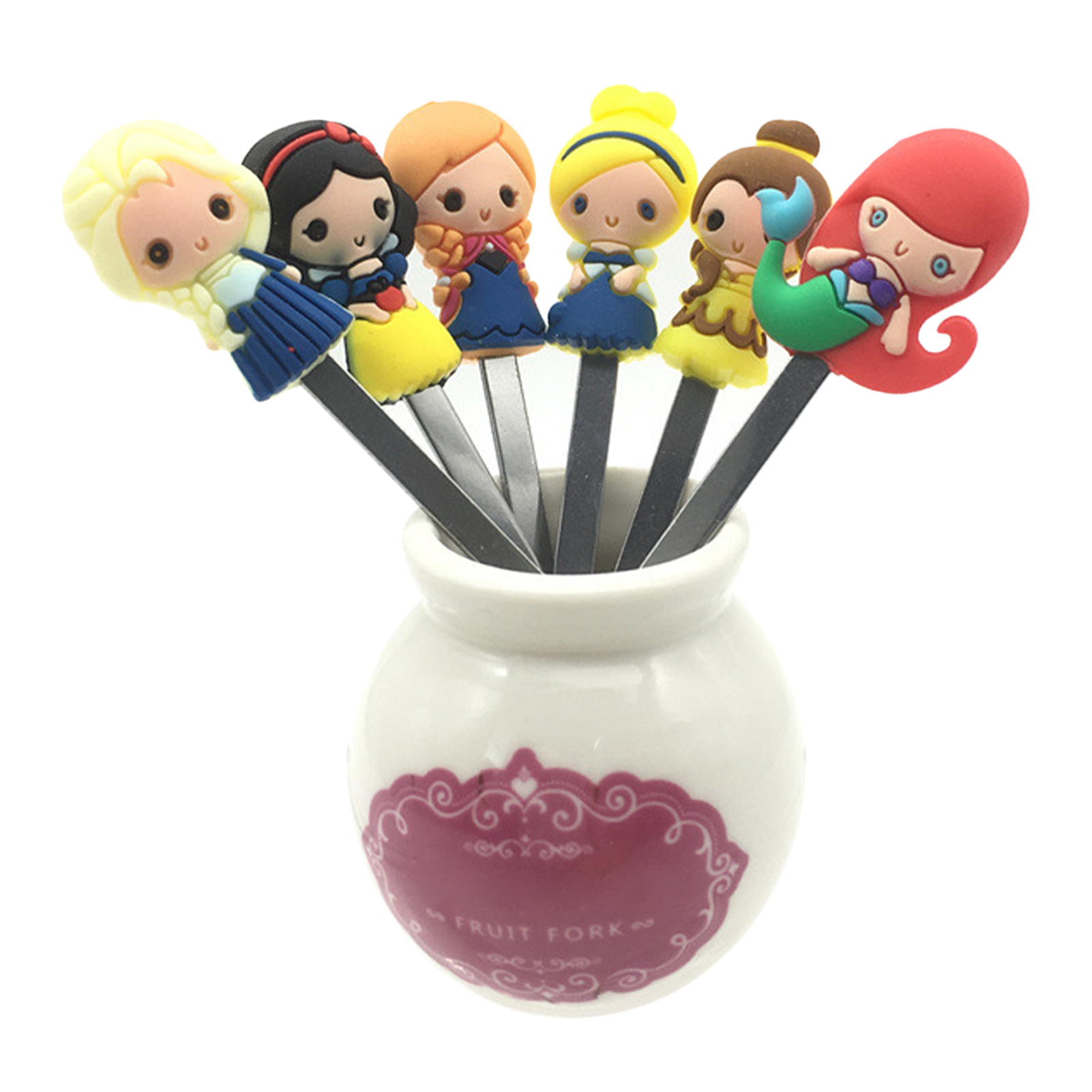 Obstsalatgabeln Aus Edelstahl Mit Niedlicher Silikon-cartoonfigur, 6er-set Inklusive Flasche